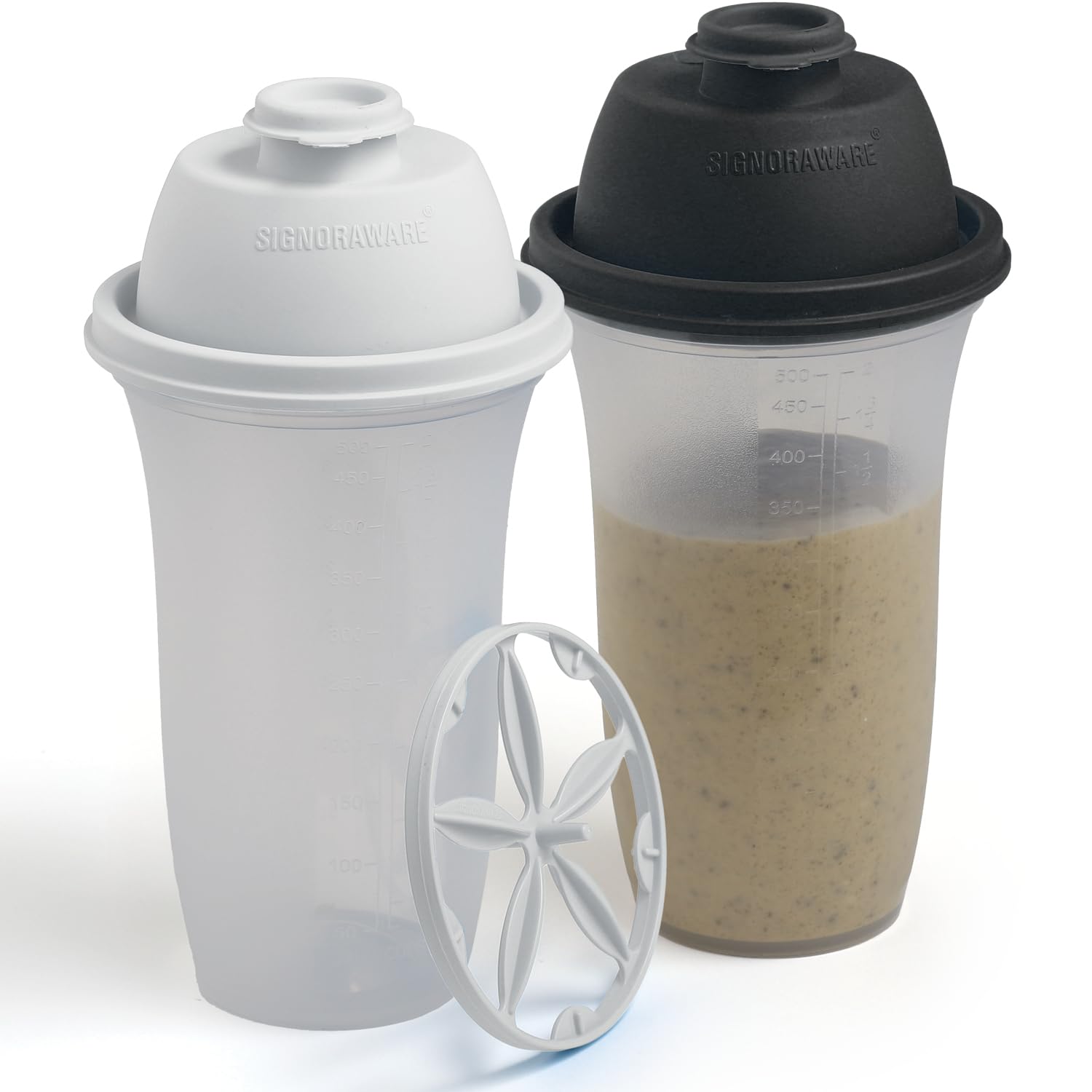SIGNORA WARE Shaker Bottles | 17-Ounce Plastic Protein Shake Bottle for Meal Replacement Shakes & Smoothies, Beverages, Mixing Salad Dressing & Sauces, Margarita, More | 2 Pack