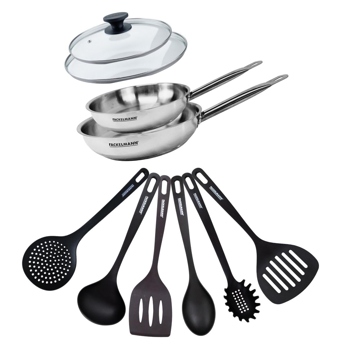 Fackelmann Set 2 poêles inox, couvercles verre et 6 ustensiles 20/24