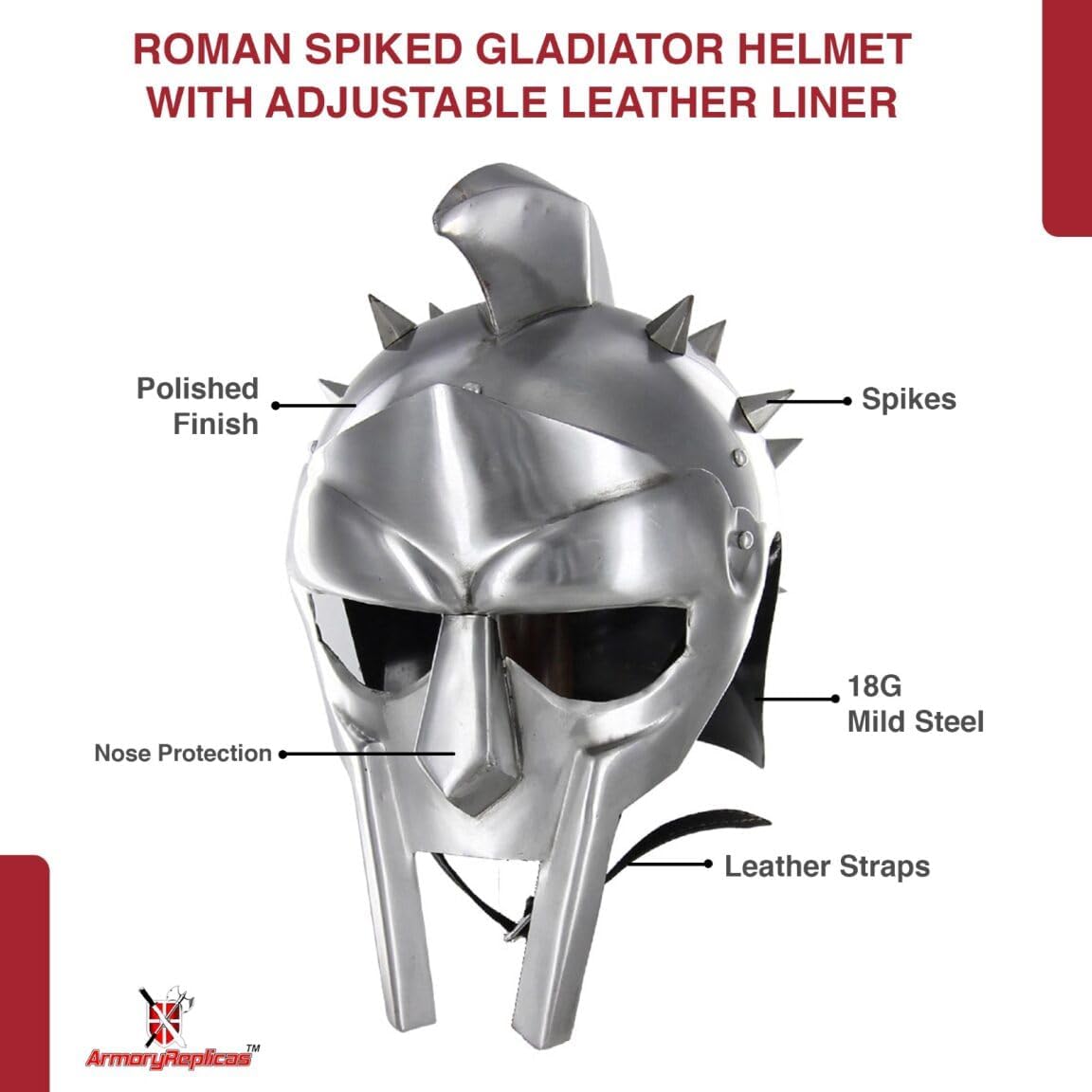 Armory Replicas™ Maximus Roman Gladiator Helmet – Blackened 18-Gauge Steel Handmade Replica with Spikes, Leather Liner & Chin Strap | Authentic Historical Armor for Adults