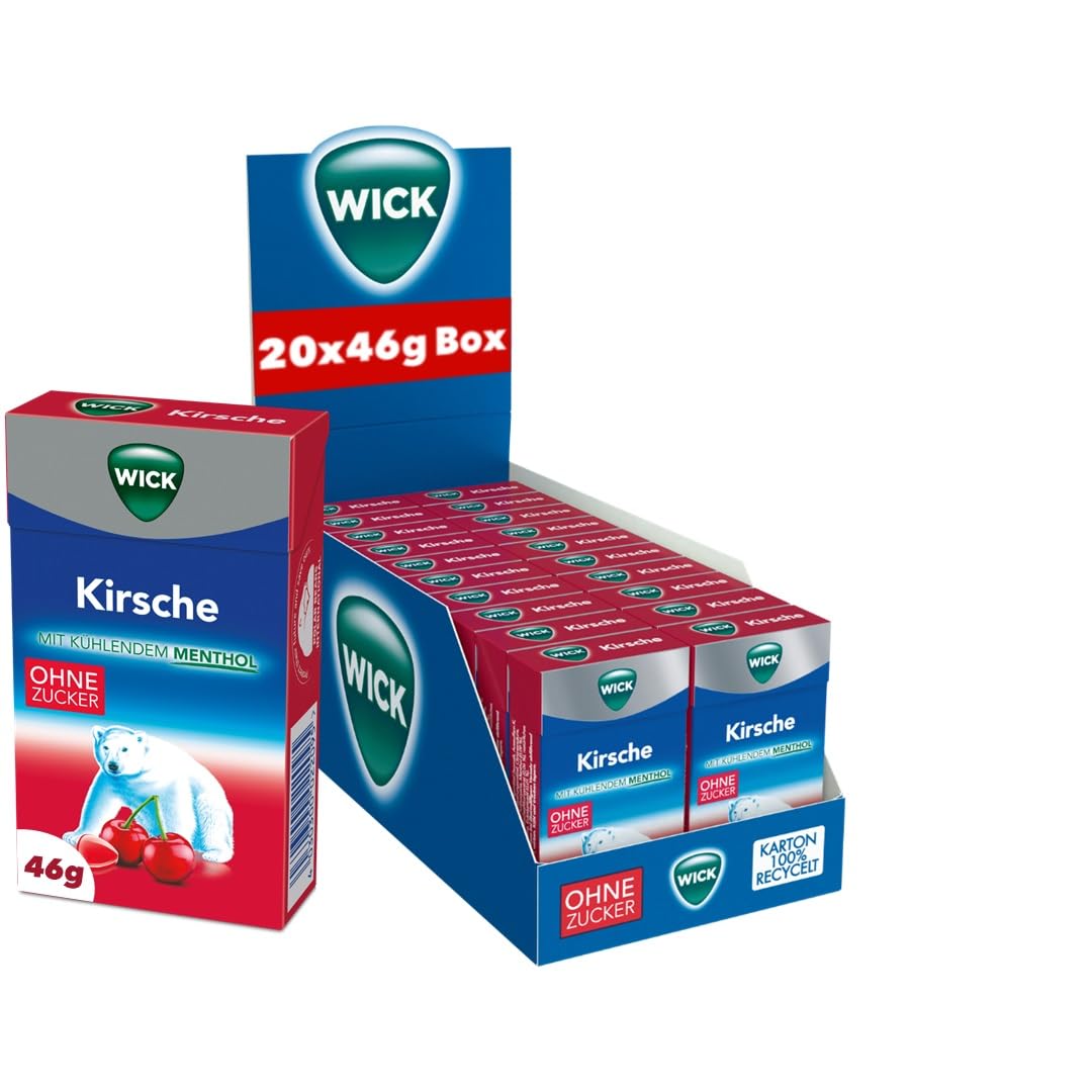 WICK Hustenbonbons Kirsche und Eukalyptus ohne Zucker Vorratspack – Wohltuendes Hustenbonbon – 20er Pack (20 x 46 g)