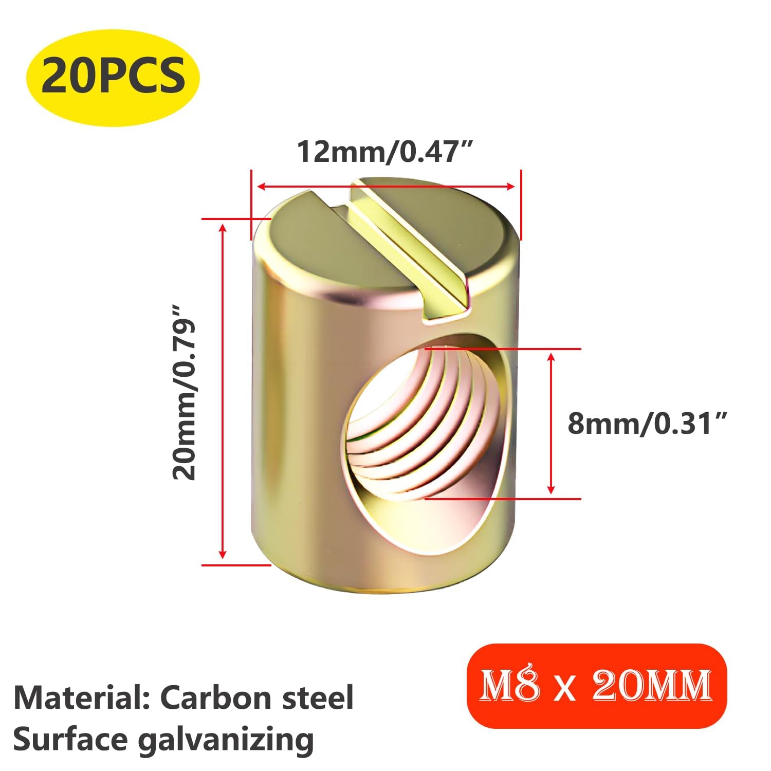 TOP-VIGOR 20Pcs Symmetric Furniture Barrel Nut, M8x20mm Durable Slotted Drive Dowels Bolts Nuts - Image 2