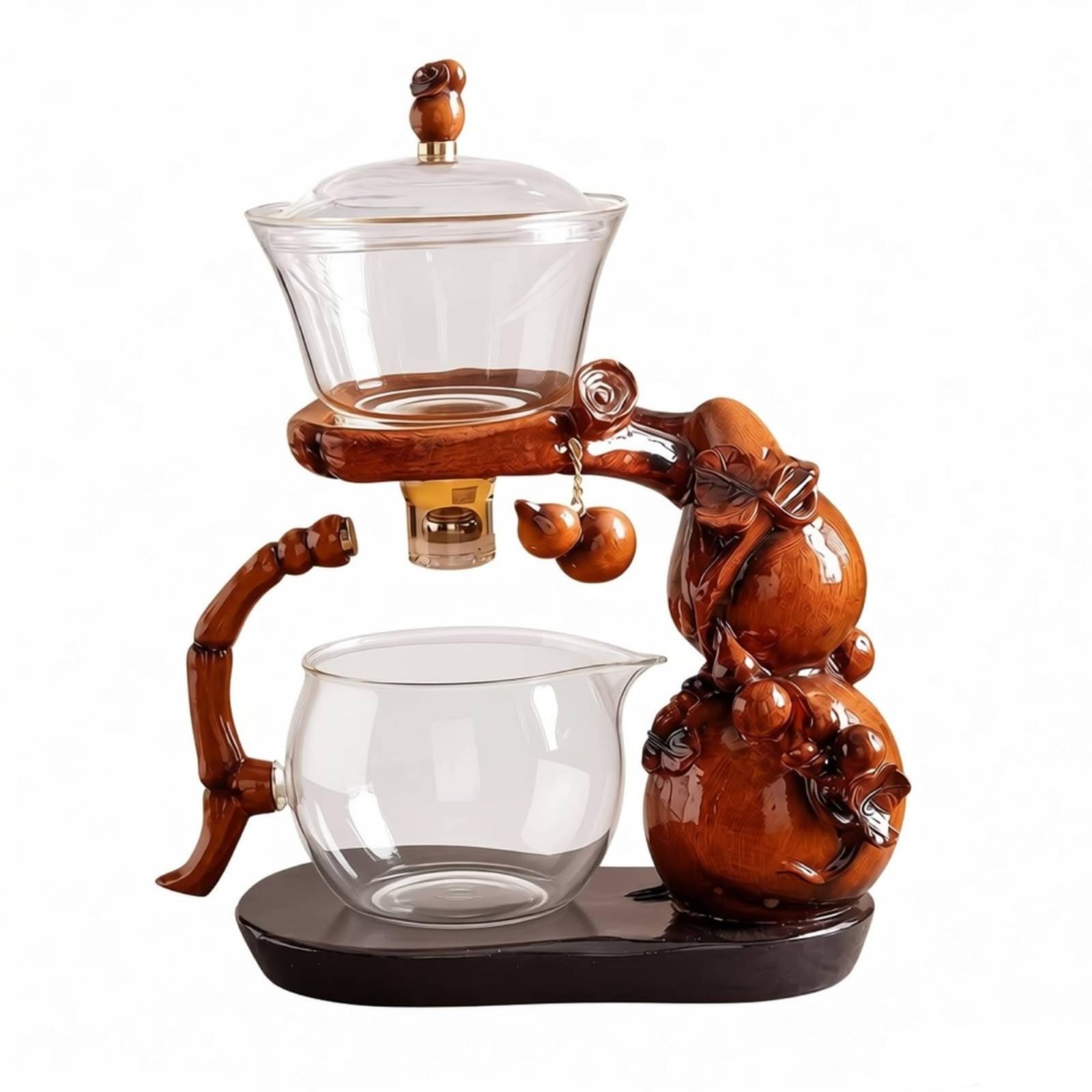 Dispositif d'Infusion Gourd Central Théière Infuseur Carafe Tasse Réceptrice en Verre Borosilicaté avec Socle Bois et Poignée Courbée Infusion Visible