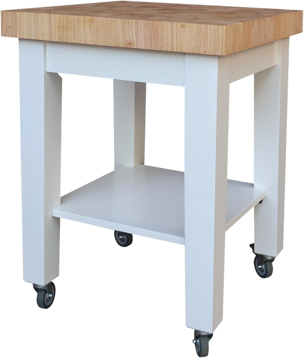 International Concepts 24" Solid Wood Kitchen Cart, 2.75" Thick Butcher Block Top, Rolling Prep Station with Locking Casters & Fixed Shelves - Sustainable Parawood