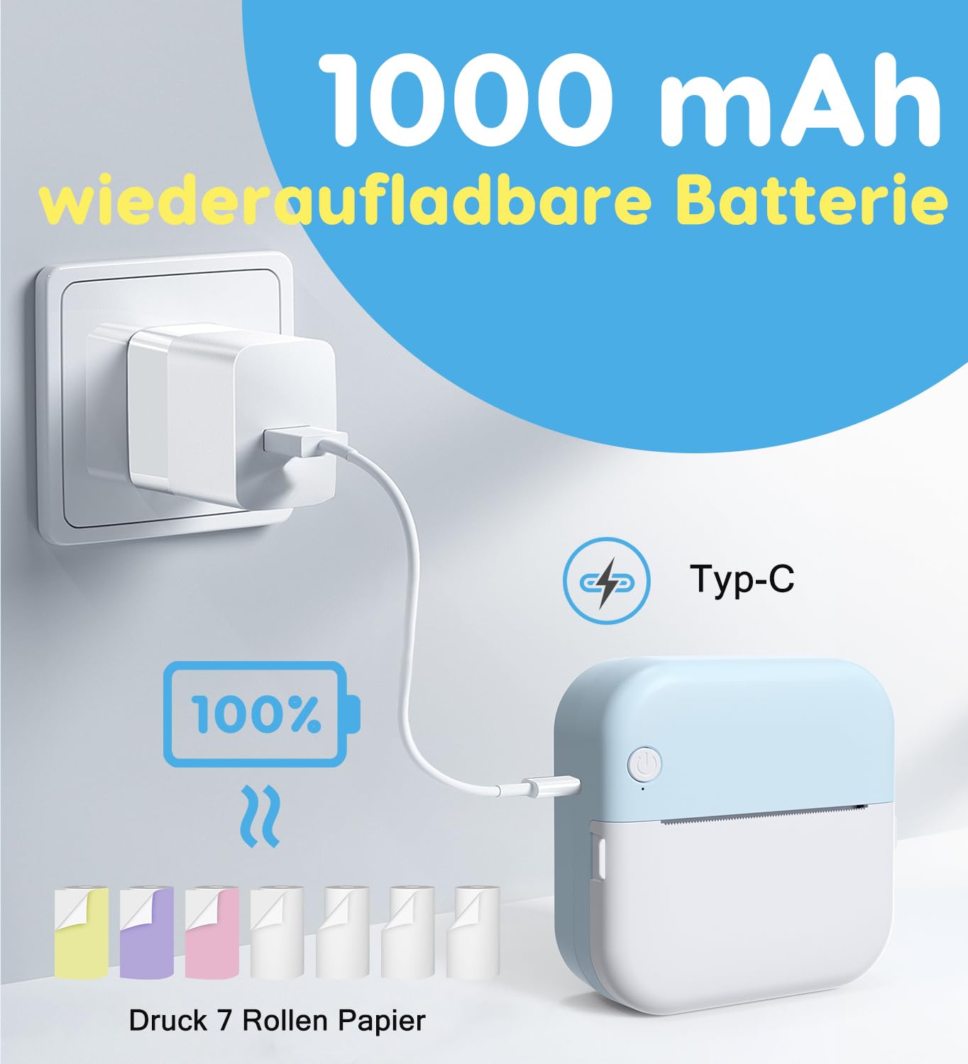 Korffe Mini Drucker für Smartphone with 7 Rollen Druckerpapier, Wireless Sticker Drucker Kompatibel mit Android & iOS, Tiny Printer Handy Drucker, Mini Belegdrucker für Lernnotizen, Notizen, Journal