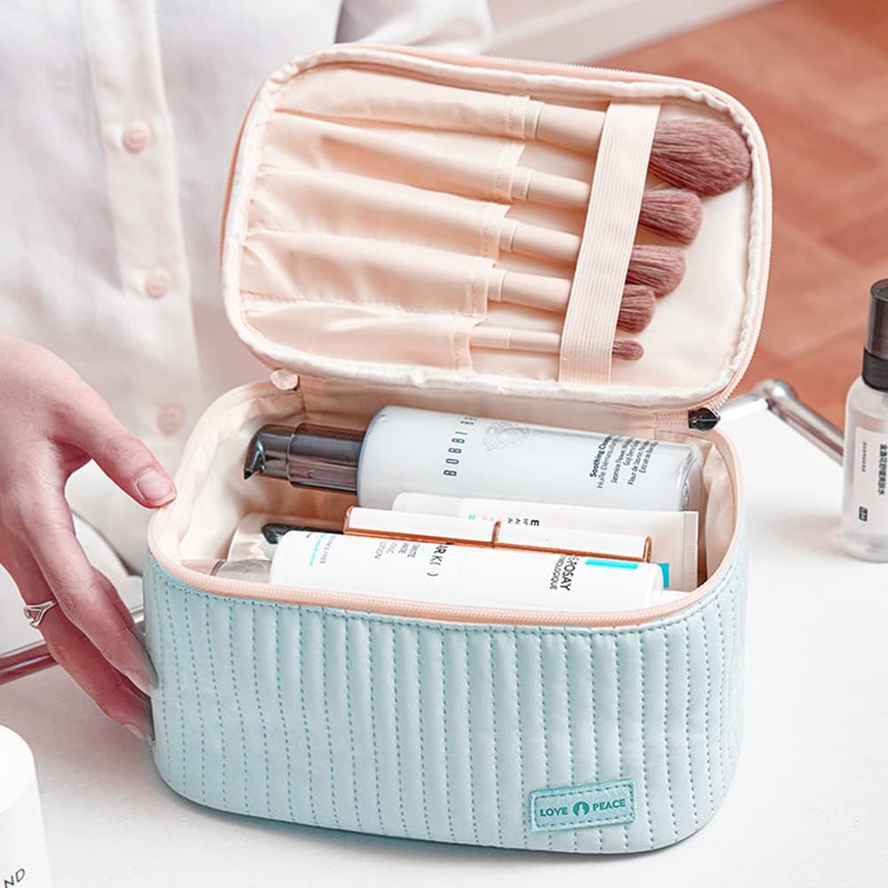 Makeup Bag 3 Pcs Cosmetic Bags Set, PU Striped Leather Toiletry Bag, Portable Waterproof Travel Makeup Organizer, Cute Make up Bags for Women and Girls image 5