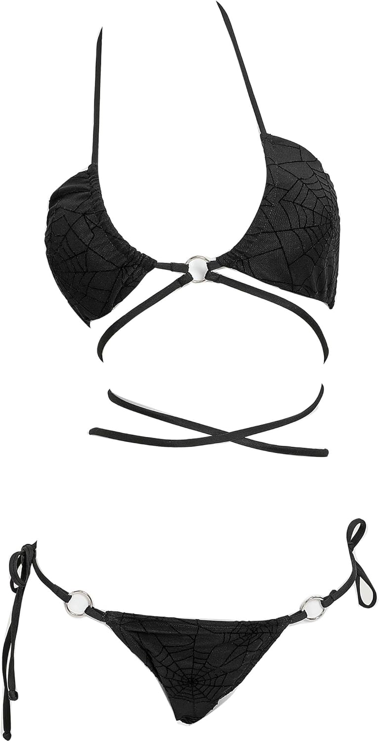 Meowcos Women's Bikini Sets Gothic Bathing Suit Flocked Spider Web Two Piece Swimsuit