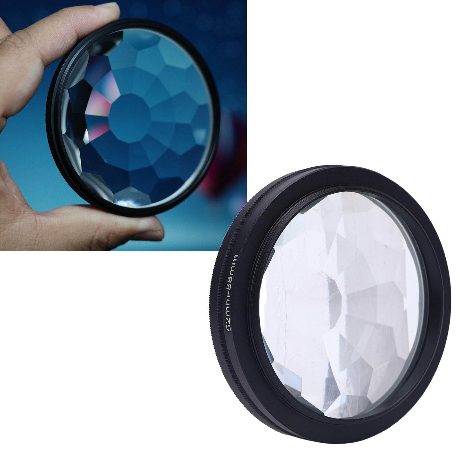 Filtre de Kaléidoscope de 58 Mm, Filtres à Effet D'objectif de la Caméra avec Anneau D'adaptateur 52 Mm 58 Mm, Compatible avec L'objectif 52 Mm, Verre Cristallin Prism pour la