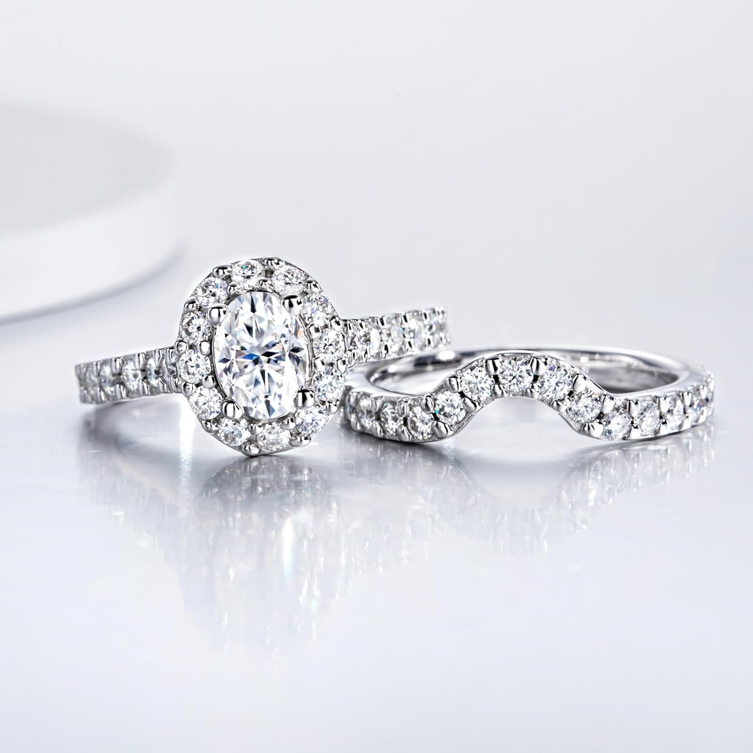 Round/Cushion/Oval Cut Wedding Ring Sets for Women D Color Moissanite Halo Platinum Plated 925 Sterling Silver - Image 3