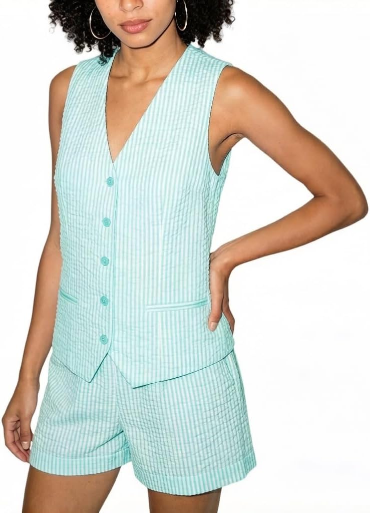 Women's 2 Pieces Suit Striped Seersucker V-Neck Vest and Shorts for Beach Vacation Travel for Summer Outfits