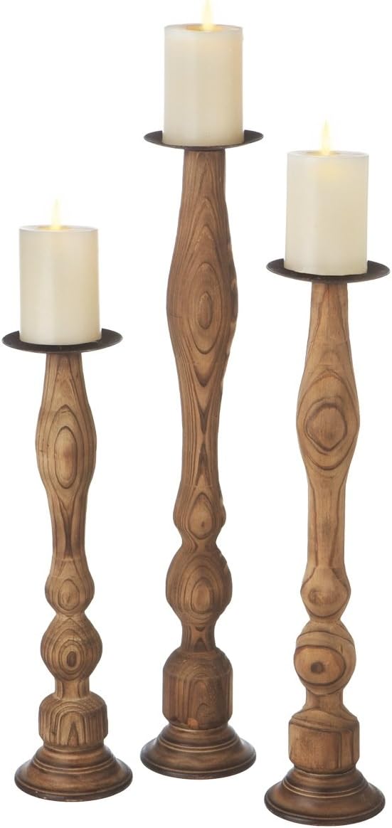 MidwestCBK Carved Wood Pillar Holders, Set of 3 Home
