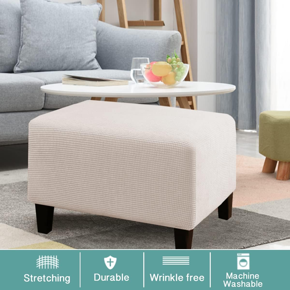 Turquoize Stretch Ottoman Cover Ottoman Slipcover Sofa Cover Footstool Protector Storage Ottoman Covers Furniture Protector Soft Rectangle slipcover with Elastic Bottom (Large, Ivory White)