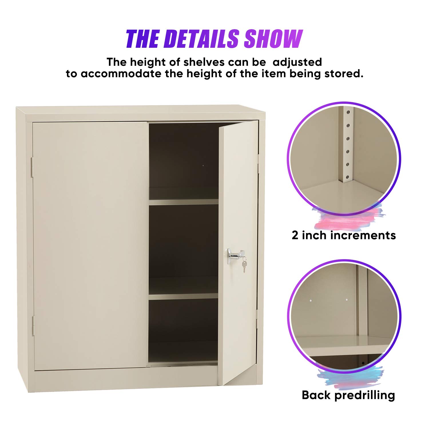 Steel Storage Lockable Metal Storage with 2 Adjustable Shelves Counter Height