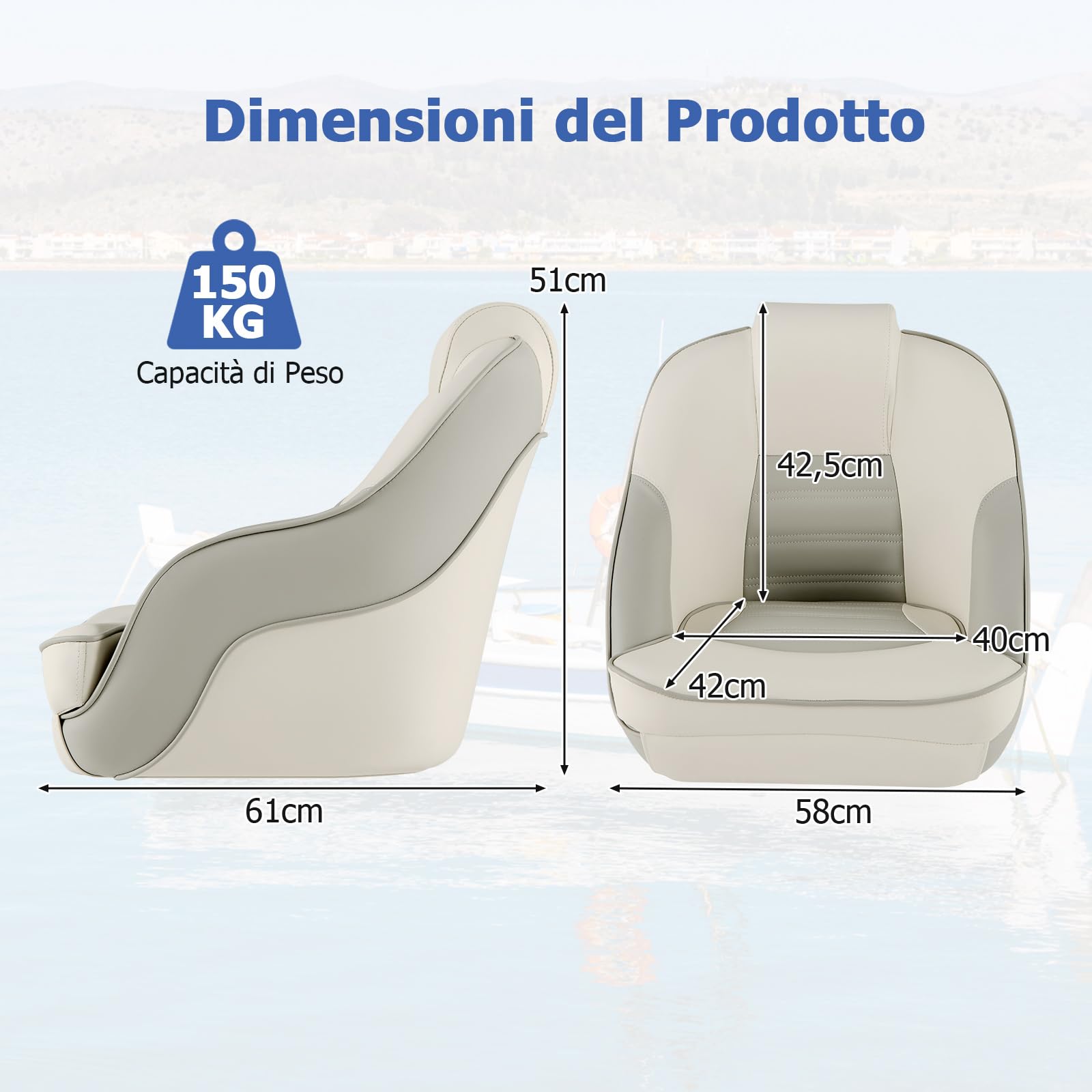 COSTWAY Sedia da Barca, Sedia con Schienale Basso con Cuscini Imbottiti in PVC, Telaio in PP, Bracciolo, Bulloni di Fissaggio, Sedia Impermeabile per Barca da Pesca, Barca Turistica, 58 x 61 x 53 cm
