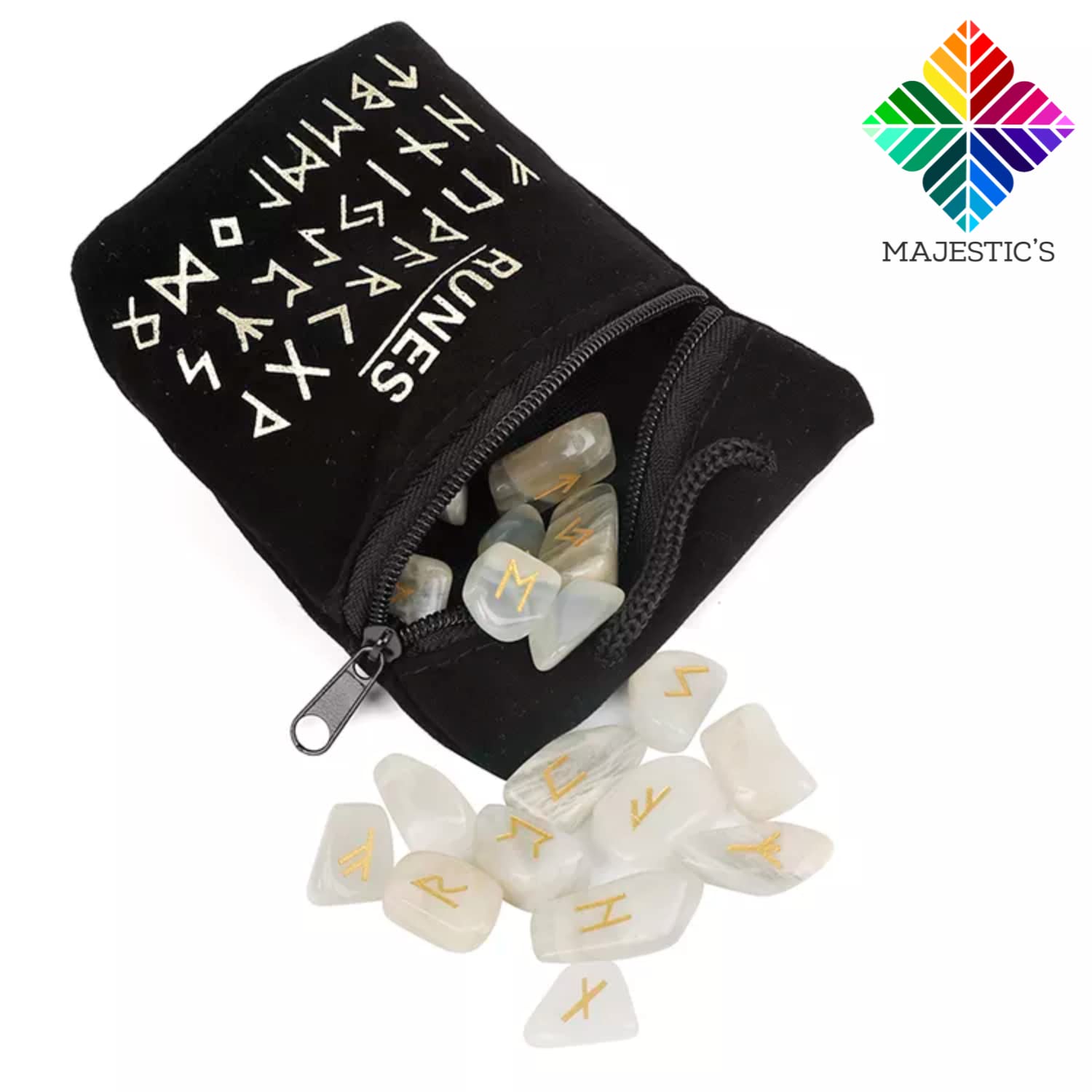 Majestic's Runes Divinatoires Vikings - Pack de 25 Runes en Pierre DE Lune Naturelles Gravées (2cm x 1cm) + Sac Noir + Ebook Pratique (PDF) - Alphabet Runique Futhark Parfait pour Divination, Voyance