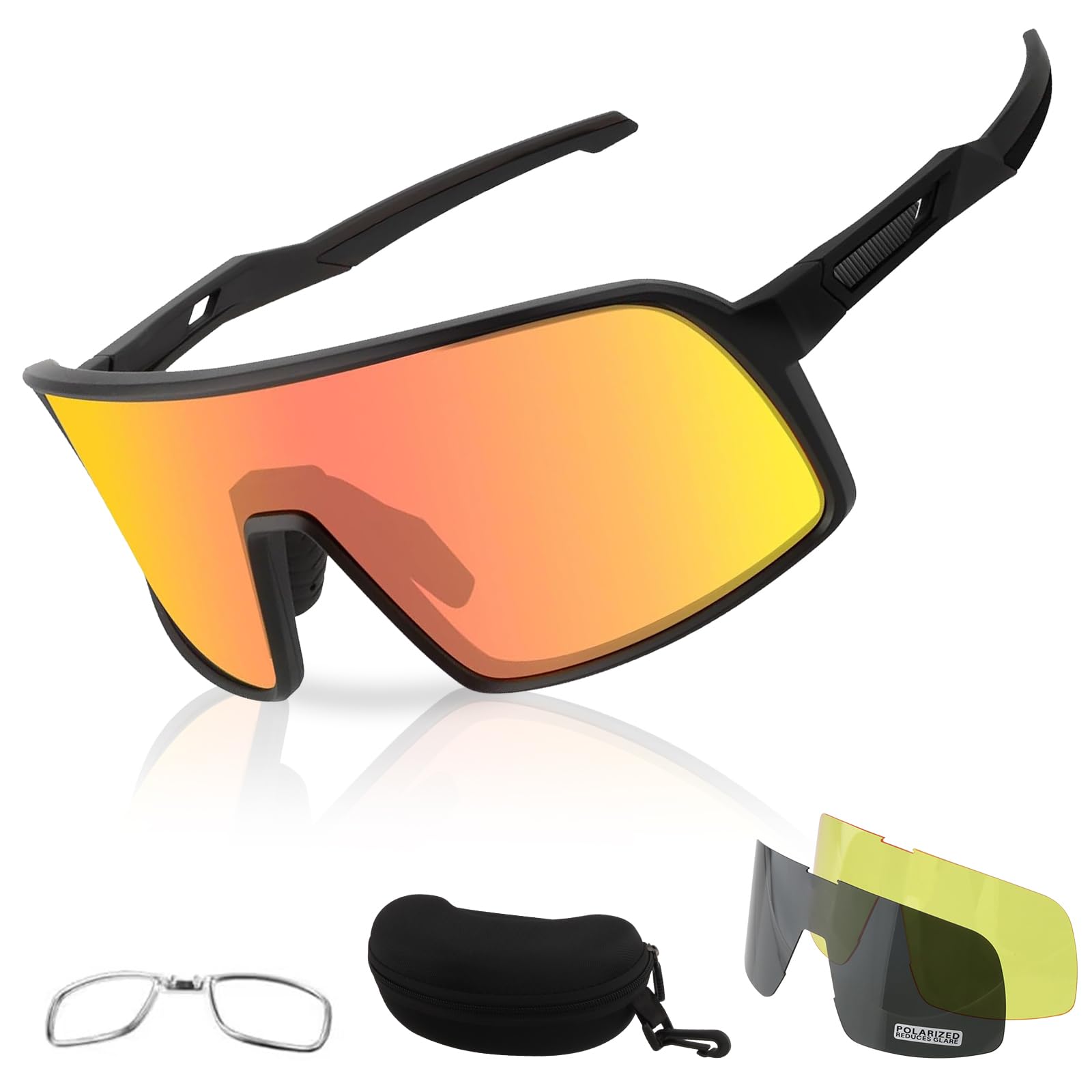 FOCUHUNTER Polarised Sunglasses Sports 3 Lenses - (Polarised, Yellow, Colored Mirror Lens) Full Rim Cycling Glasses Unisex, with Inner Frame Hard Case Bike Goggles, Baseball Fishing Golf Eyewear