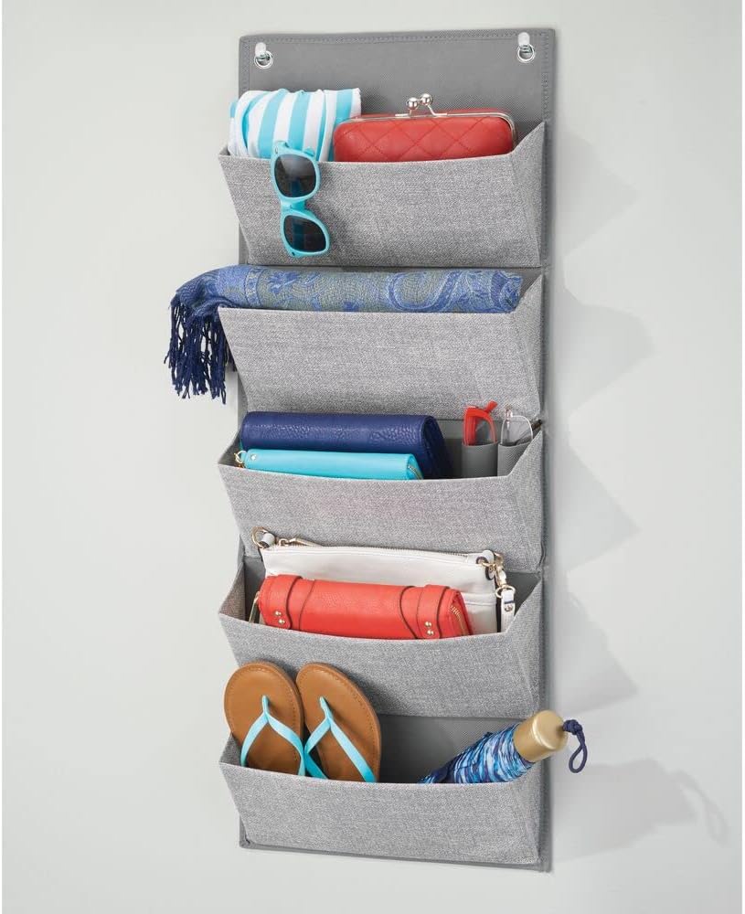mDesign Soft Fabric Over the Door Hanging Storage Organizer with 5 Large Pockets for Closets in Bedrooms, Hallway, Entryway, Mudroom - Textured Print - Hooks Included - Gray
