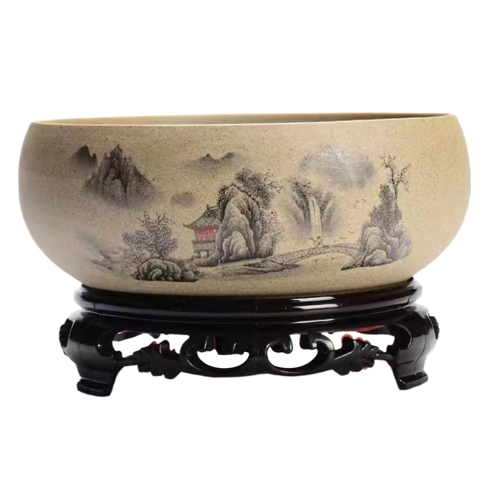 BEAHING Ceramic Planter Round 6.5 In Dia Decorative Chinese Style Bowl Planter with Base Gardening Desktop Ink Painting Outdoor/Indoor Large Planter Pots for Patio Balcony Home Bowl Lotus