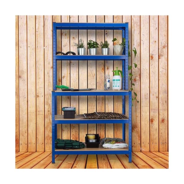 Relaxdays Schwerlastregal, mit Werkbank, Traglast 900 kg, 5 Ebenen, zum Stecken, Keller, 180x100x60 cm, Stahl, MDF, blau – Bild 6