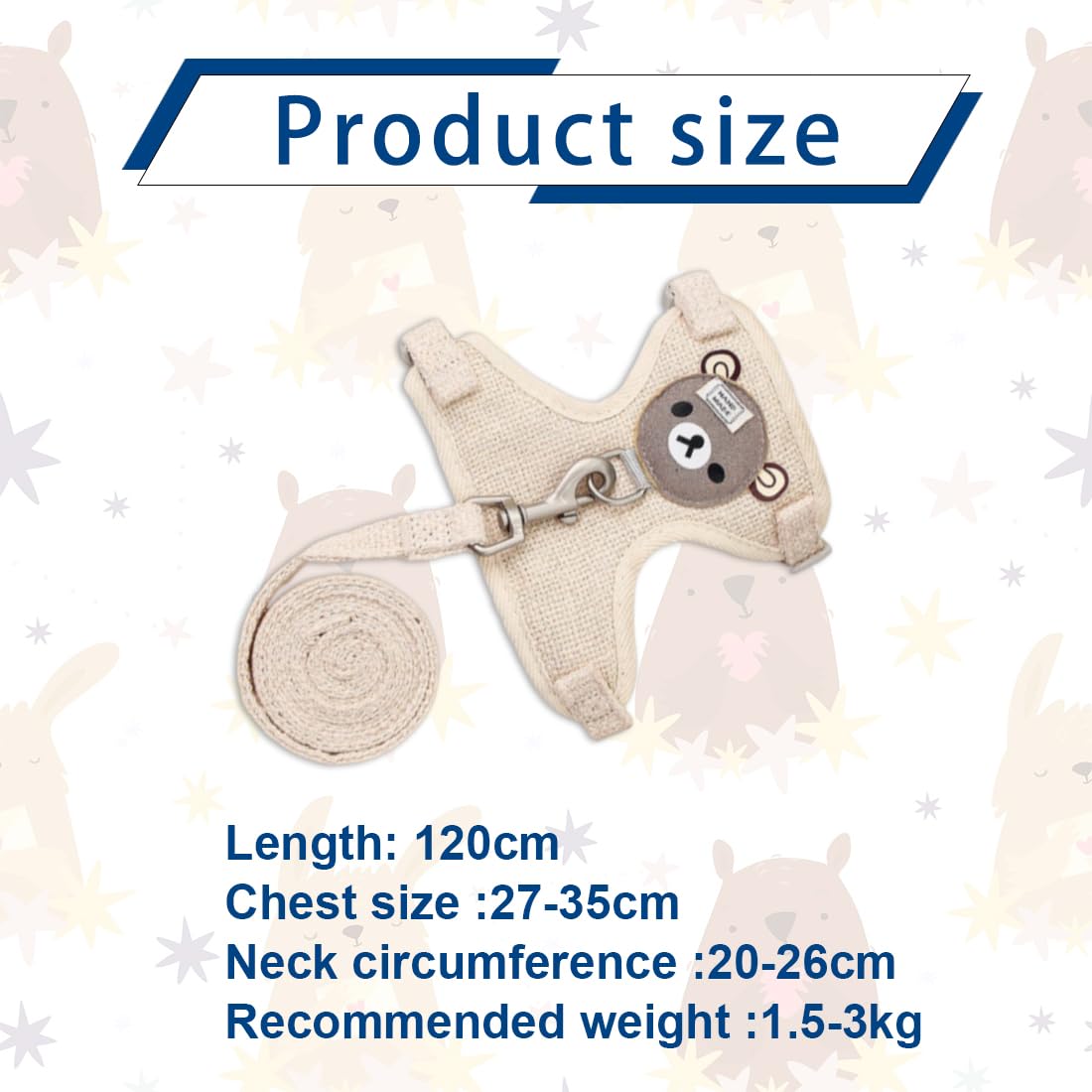 Guinzaglio e Pettorina per Coniglio Nano - Imbracatura Regolabile con Accessori per Piccoli Animali, 120cm, per 1-1,5 kg (Beige)