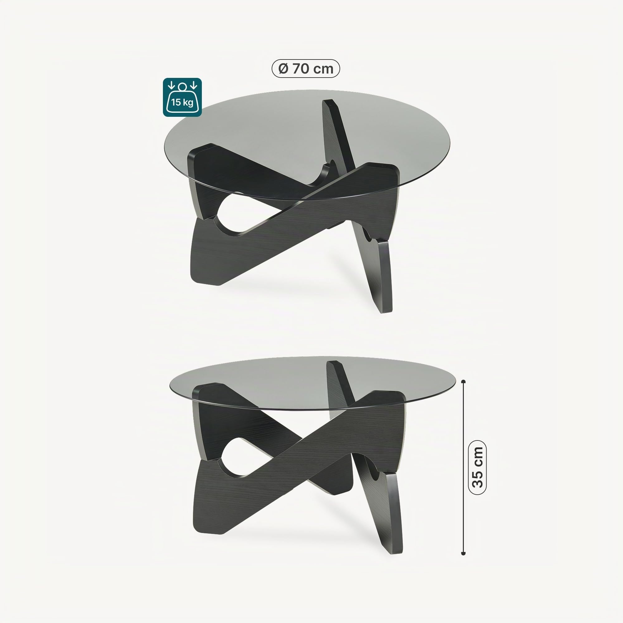 [en.casa] Tavolino da Caffè con Piano in Vetro Fumé 70x35 cm Nero/Grigio | Tavolo Basso Centrale per Salotto Soggiorno Living Piano Rotondo Circolare in Vetro Temperato Struttura Geometrica