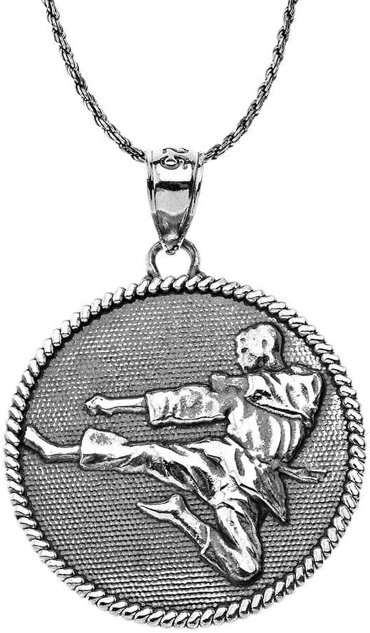 Fine Oxidized Sterling Silver Martial Arts Karate "God Protect Me" Rope Charm Pendant Necklace