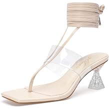 Heels for Women Square Open Toe Lace Up Thong Strappy Heel Sandals Sexy Tie Up Clear Chunky Heeled Sandals for Party Wedding