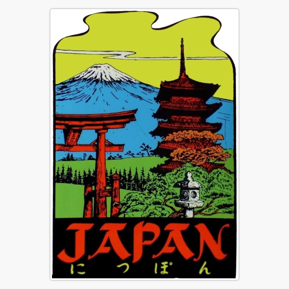 Vintage Japan Travel Poster Design with Mount Fuji Pagoda and Torii Gate - Retro Japanese Tourism Art - 5" Vinyl Magnetic Sticker Decal Magnet
