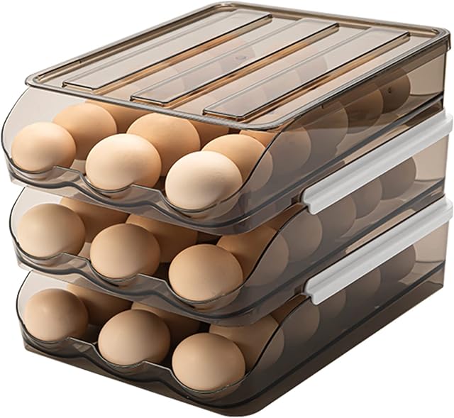 Lunmore Large Capacity Egg Holder for Refrigerator, Auto Rolling Egg Container with Lid, Stackable Egg Organizer Holds 54 Eggs, 3-Layers, Translucent Brown