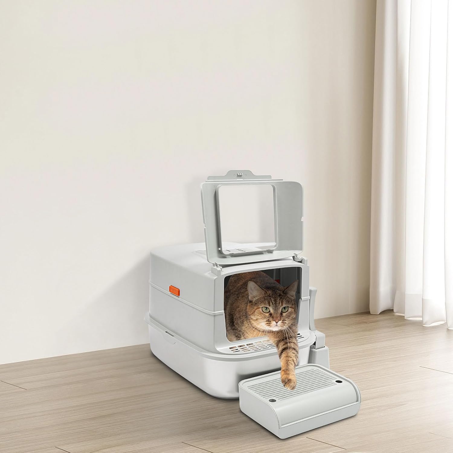 Stainless Steel Cat Litter Box with Scoop, Large Litter Box Anti-Leakage with High Sides Easy Cleaning Enclosed Litter Pan with Removable Lid and Footboard for Big Cat