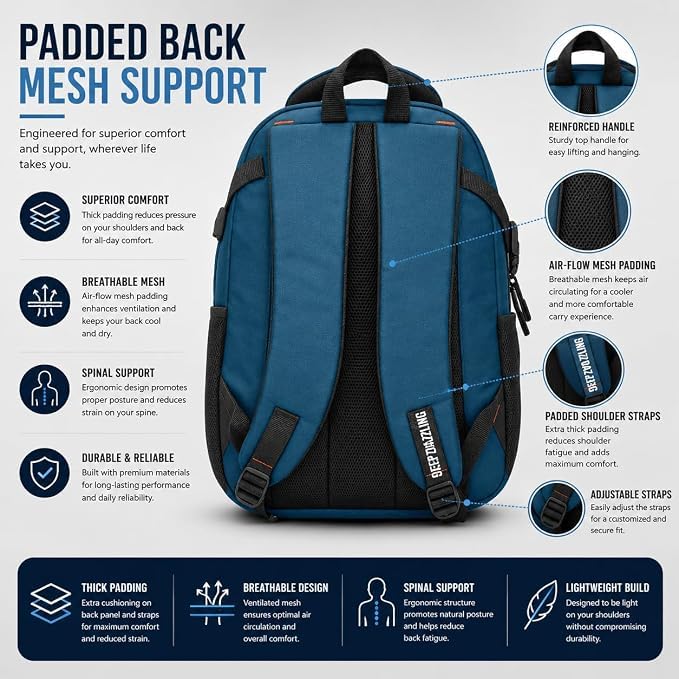 Image of Large 40L Laptop Backpack For Men & Women With Bottle Pocket | Padded Shoulder Straps, Multi Compartments | Travel & College Bag | Water-Repellent,
