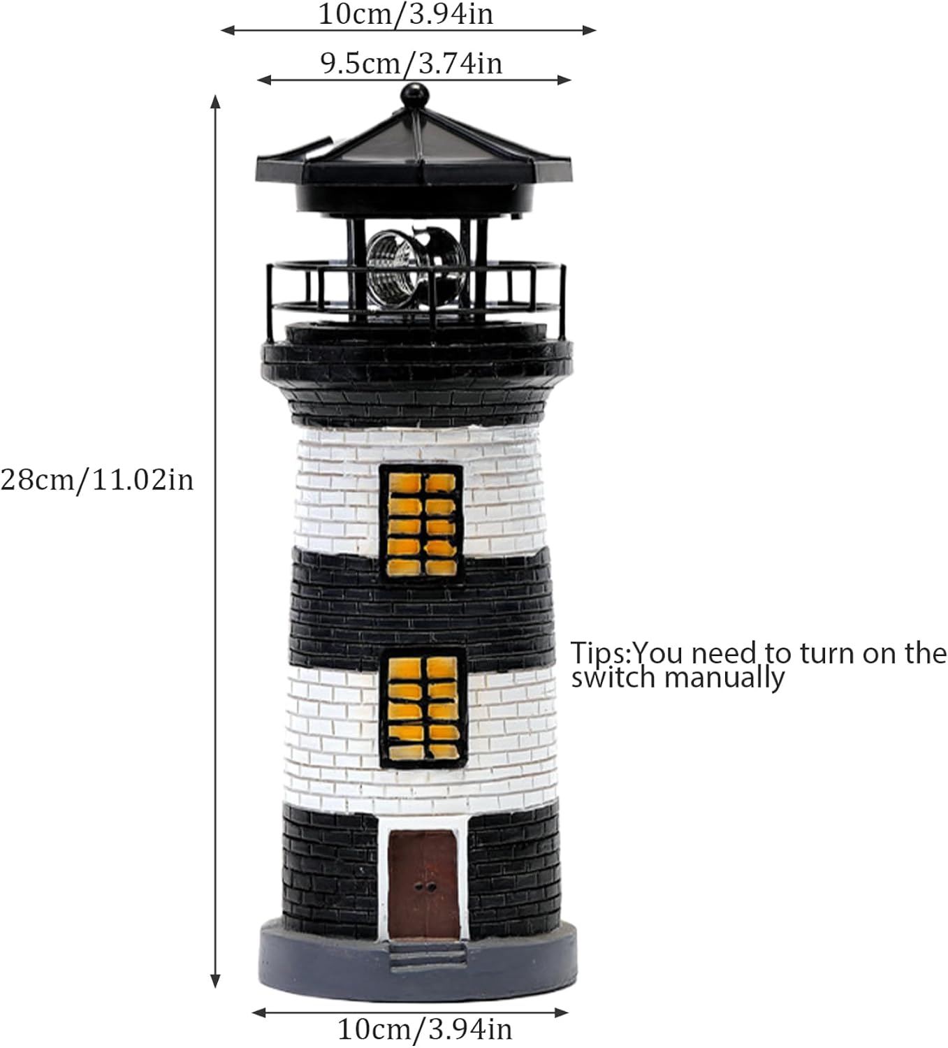 Lighthouse Solar Light 11" Resin Lighthouse Lamp with 360 Degree Rotating LED Nautical Solar Lighthouse Light for Garden Decorations Black White, Decking Patio Lighting