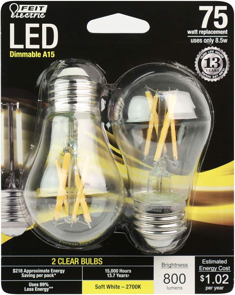 Up To 40% OFF Feit Electric BPA1575/827/FIL/2 75 Watt Equivalent 800 Lumen Dimmable A15 LED Filament Light Bulb E26 Base, 3.2H x 1.85D, 2700K (Soft White), 2 Piece