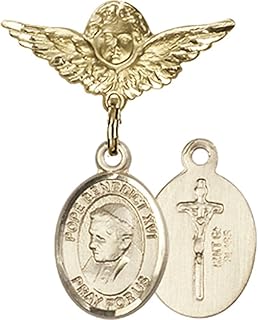 14kt Yellow Gold Baby Badge with Pope Benedict XVI Charm and Angel w/Wings Badge Pin 1 X 3/4 inches