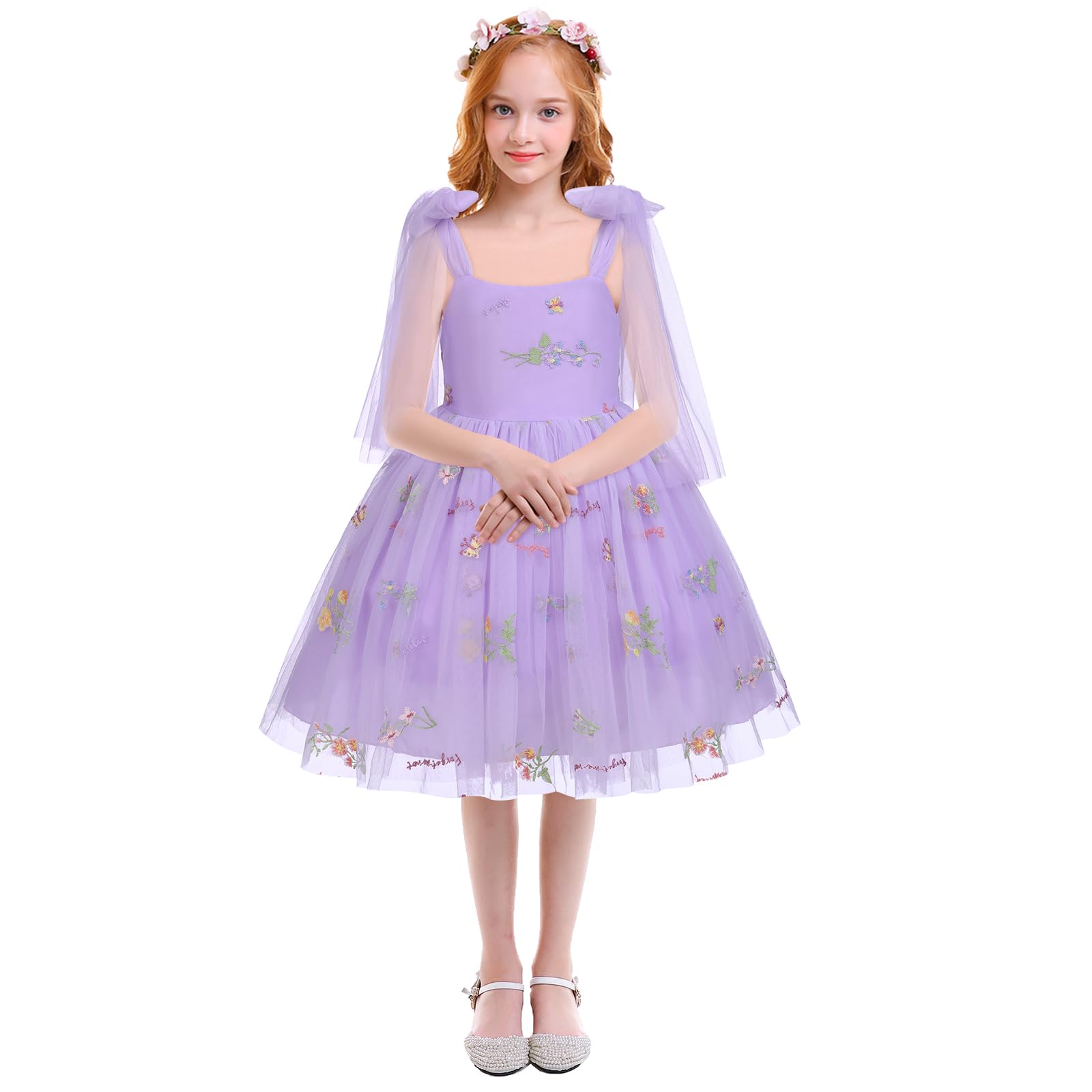 OBEEII Floral Flower Girl Dress for Toddler - Spaghetti Straps Embroidered Princess Tulle Tutu Birthday Party Dress Purple 12-18 Months