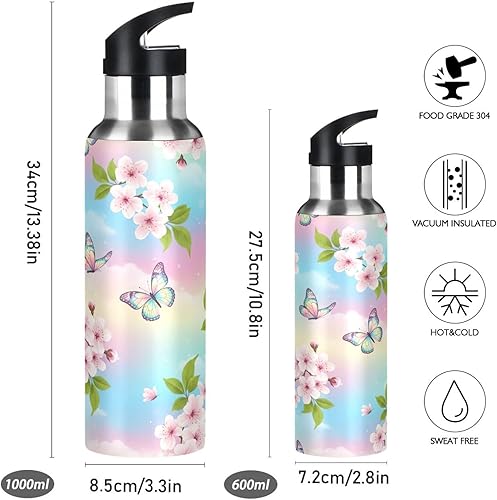Miniatura 2 de Botella de agua de acero inoxidable aislada con diseño de flores de cerezo pastel con pajilla, botellas de agua a prueba de fugas de 20 onzas,