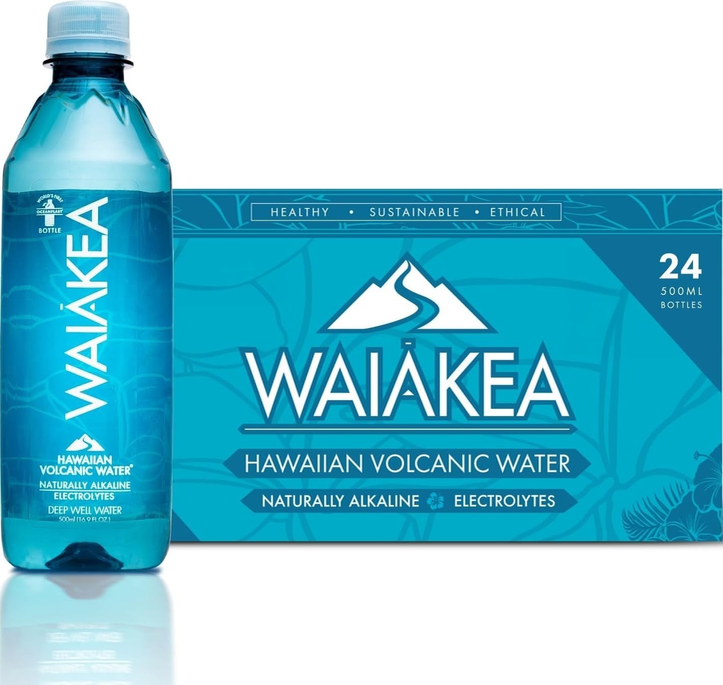 Waiakea Hawaiian Volcanic Water, Naturally Alkaline, 100% Oceanplast Recycled Bottle, 500ml - Pack of 24