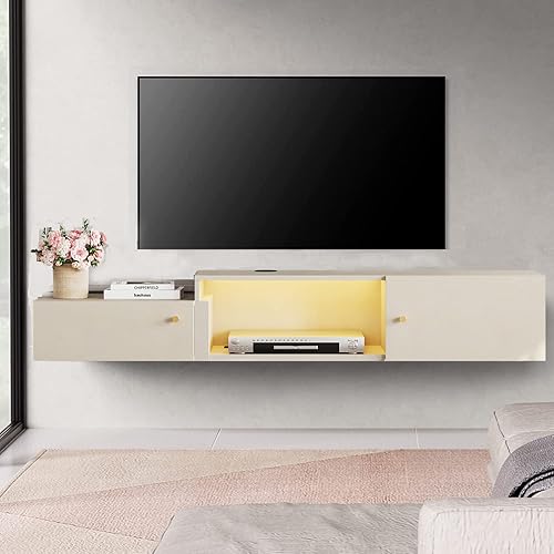 Miniatura 9 de WAMPAT Soporte de TV flotante con estación de carga, centro de entretenimiento montado en la pared con luz amarilla con almacenamiento, centro de