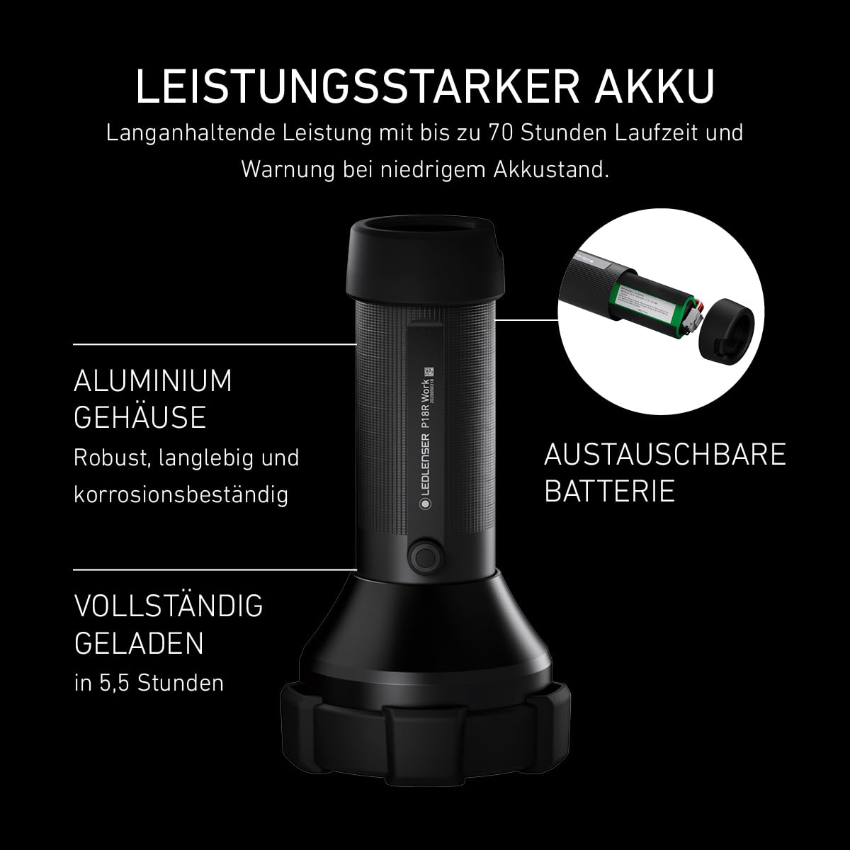 Ledlenser P18R Work Akku-LED-Taschenlampe, 4500 lm, 720m Leuchtweite, IP54 | Wasserabweisend, Fokussierbar, 669g, bis zu 70h Leuchtdauer, Gummi-Linsenschutz, ideal für Sicherheit, Bauwesen | 2020