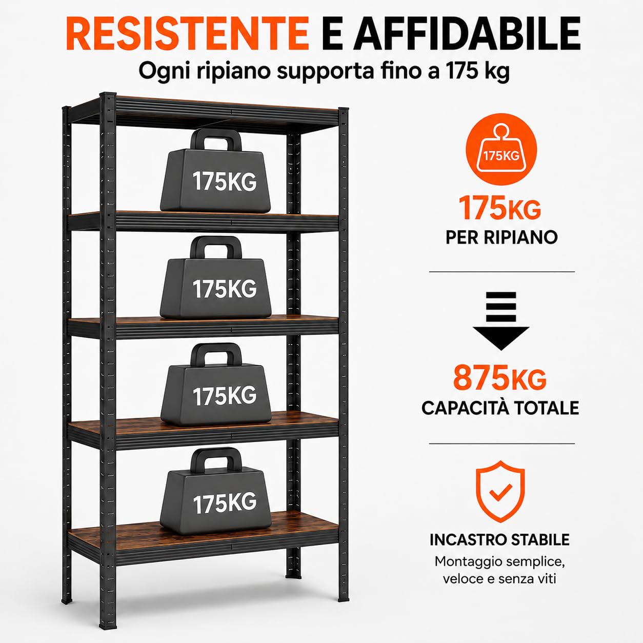 KOMBO - Scaffale Industrial 5 Ripiani in Acciaio e MDF Effetto Legno – Libreria Modulare Portata 875 kg, Struttura Robusta per Garage, Ufficio e Casa, 90x40x180 cm