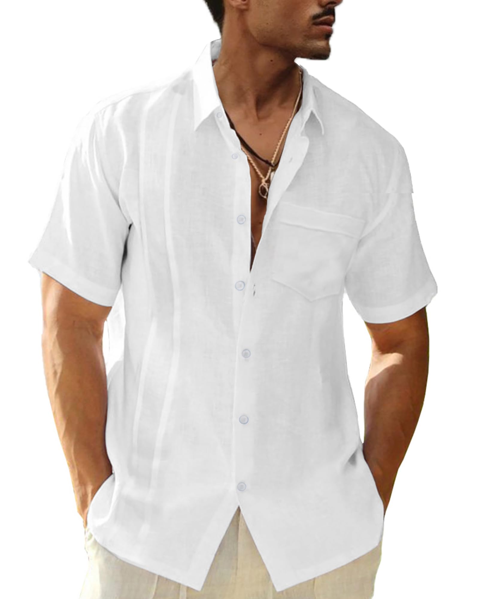 LVCBL Herren Leinen Kurzarm Hemd Sommerhemd Freizeithemd mit Brusttasche Regular Fit Men Shirts