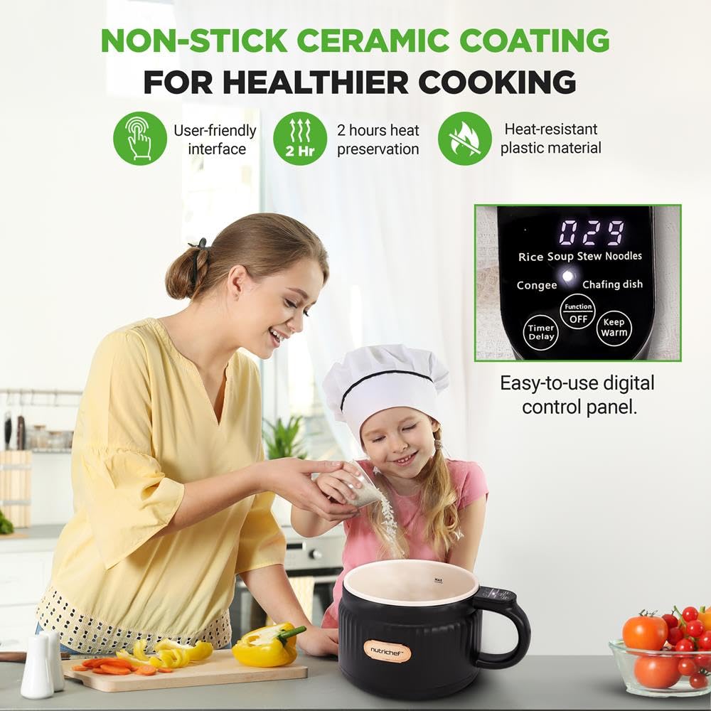 NutriChef 1,6 QT przenośny elektryczny garnek do gotowania ryżu i lunch Maker | wielofunkcyjny i nieprzywierająca powłoka ceramiczna | cyfrowy panel sterowania | 6 funkcji gotowania: ryż, zupa, gulasz