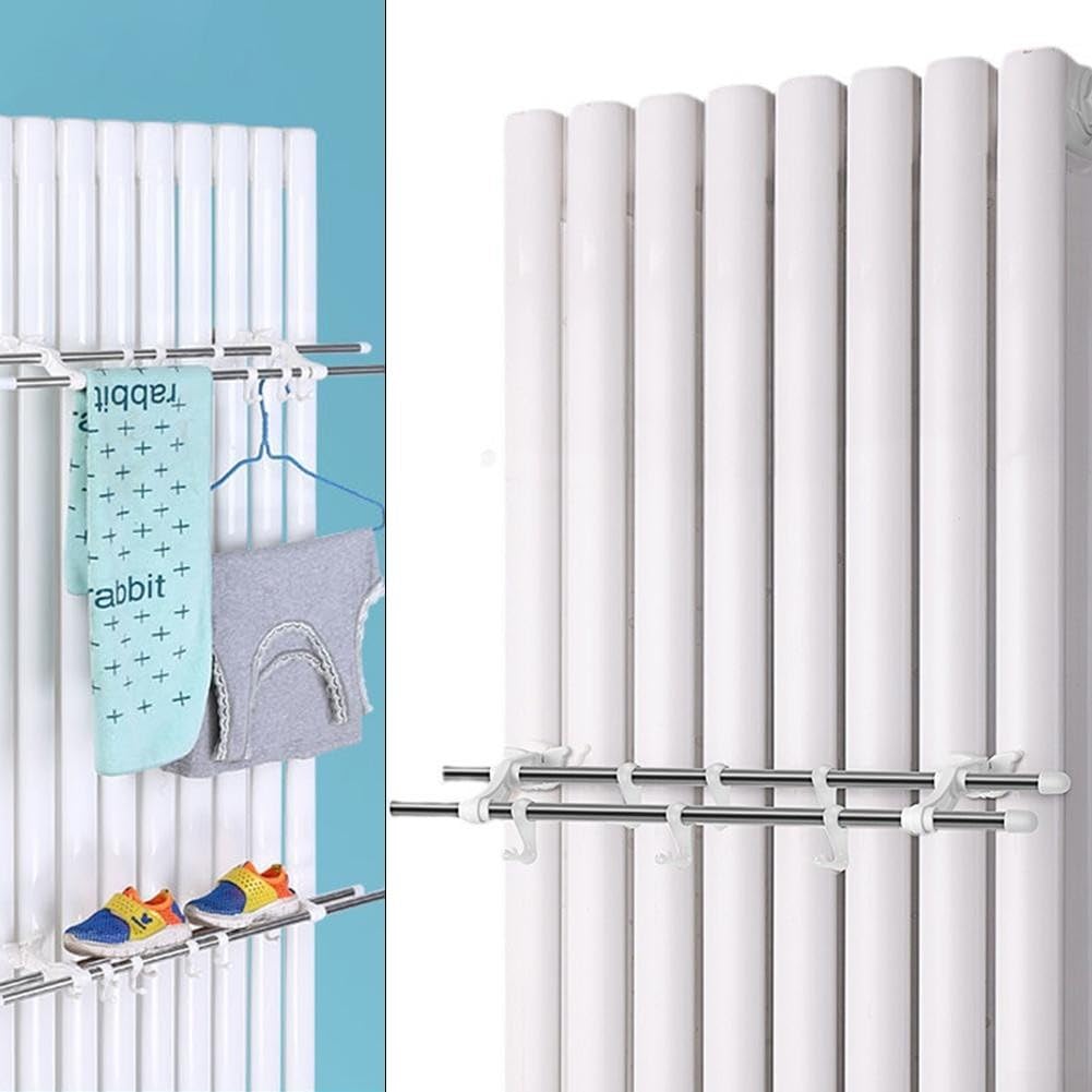 Double Pole Stainless Steel Radiator Towel Holder With 6 Hooks (50cm)