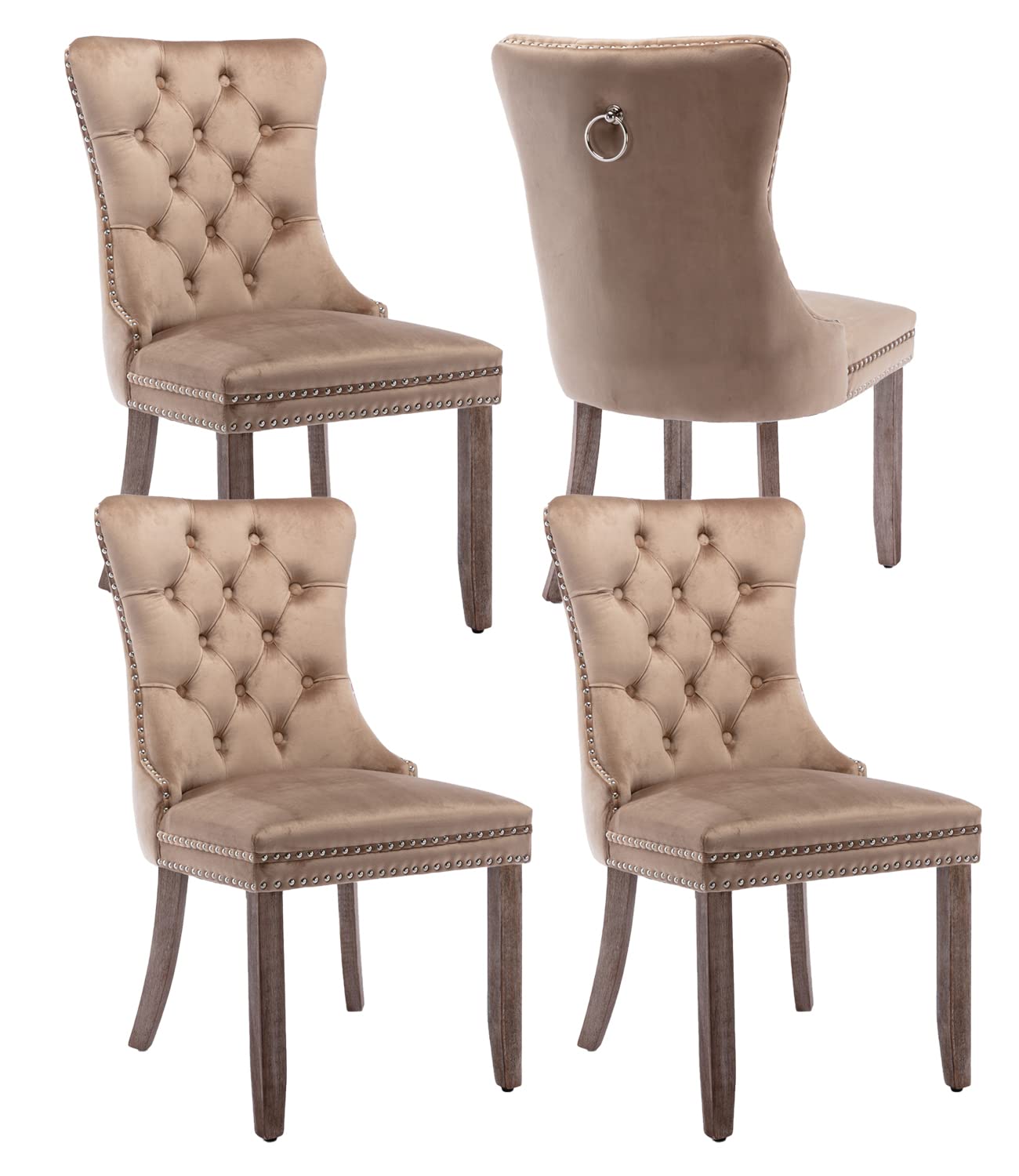Shenyon Upholstered Dining Chairs Set of 4, Velvet Dining Room Chairs with Back Ring Pull Trim and Solid Wood Legs, Tufted Wingback Kitchen Chair