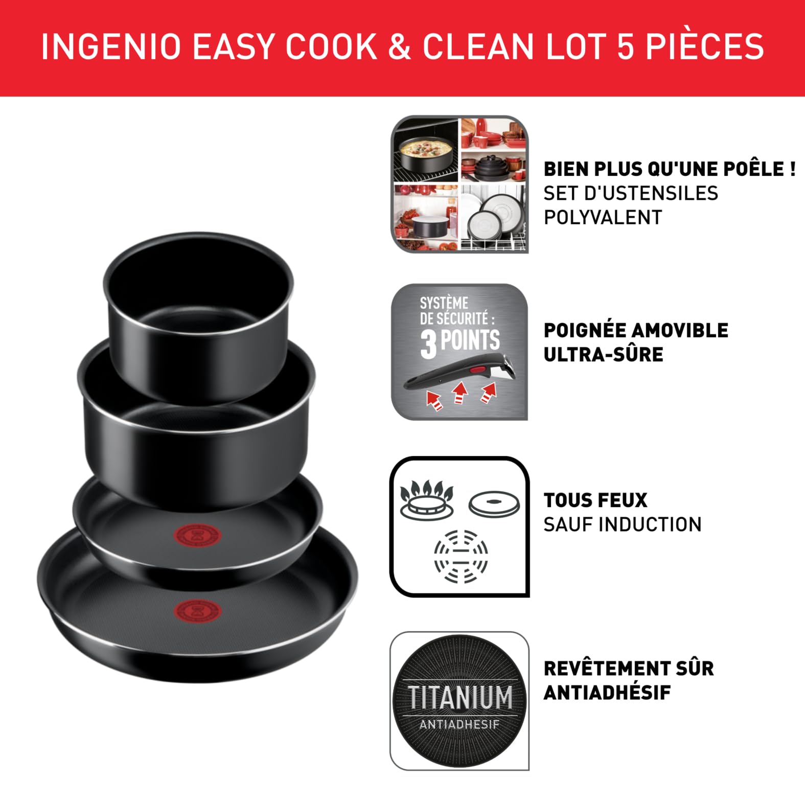 Tefal Ingenio Lot de 5 pièces, Poêles 24/26 cm, Casseroles 16/18 cm, Poignée amovible, Non induction, Revêtement antiadhésif, Empilable, Fabriqué en France, Easy Cook and Clean L1539202