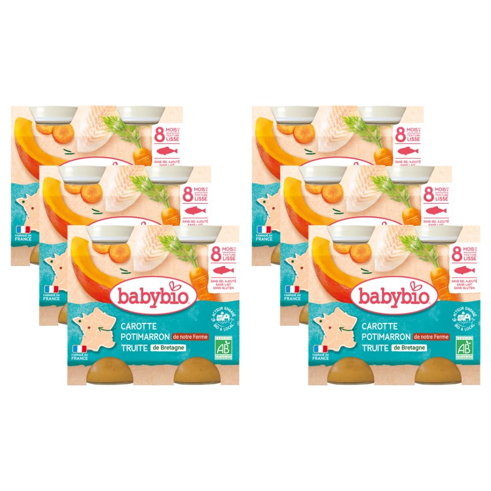 Babybio - Petits Pots Carotte Potimarron Truite de Bretagne 2x200 g - 8+ Mois - BIO - Lot de 6