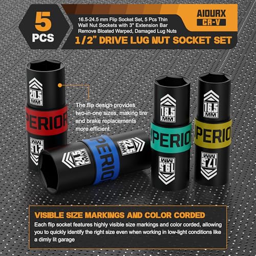 Image of 1 /2 inch Drive Lug Nut Socket Set, 16.5-24.5 mm Flip Socket Set, 5 Pcs Thin Wall Nut Sockets with 3 inch Extension Bar, Remove Bloated Warped, Damaged Lug Nuts