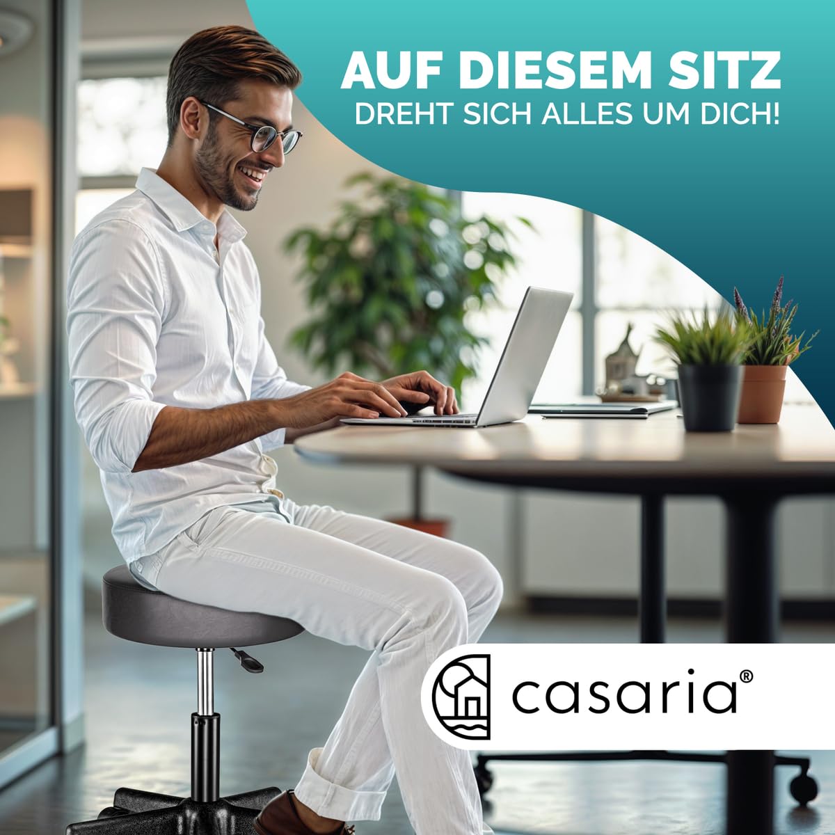 Casaria® Rollhocker Höhenverstellbar Schwarz 10cm Polsterung 46-60cm Sitzhöhe 360° Drehbar Ø35cm Rund Rollen Bürohocker Drehhocker Arbeitshocker Hocker