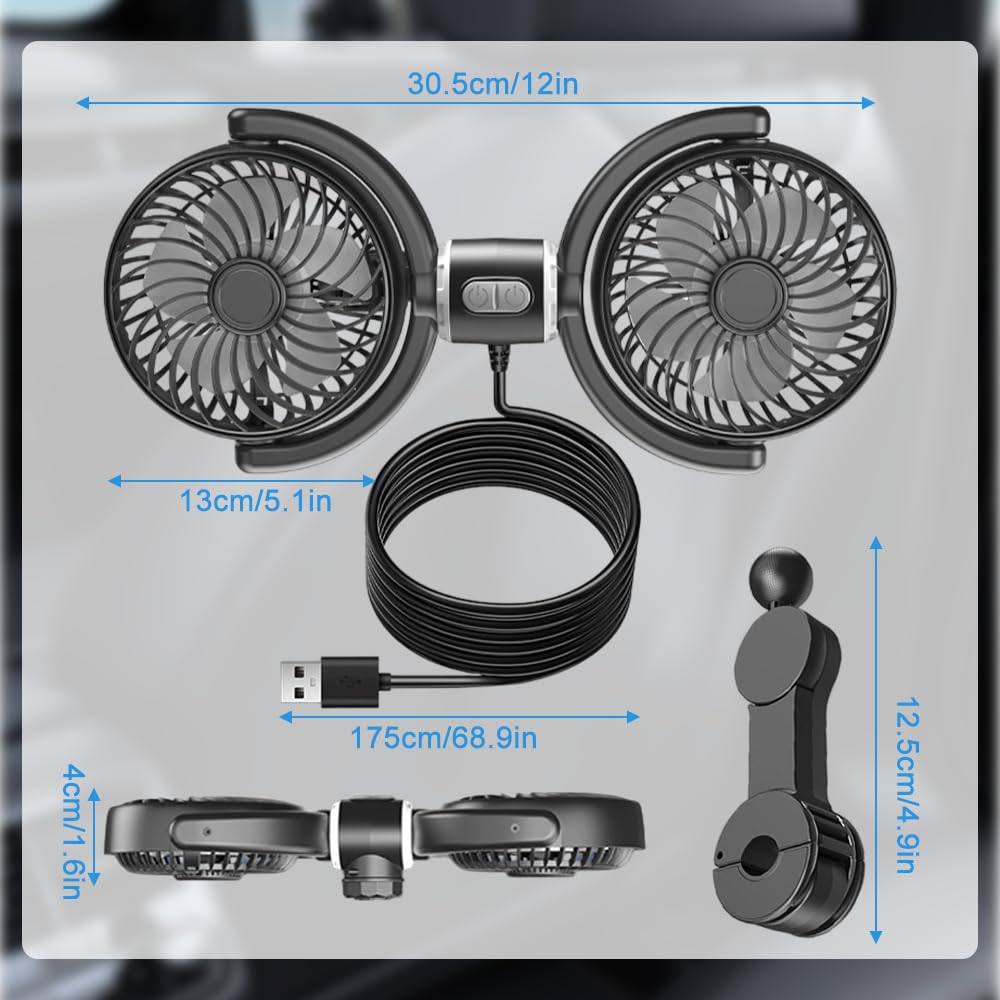 Mineup Ventilatore Per Auto Doppia Testa, Ventilatore 360° Ruotabile Portatile, 360° Girevole Ventole Di Raffreddamento Da Auto Con Controllo Indipendente Per Bambini, Cani, Berlina, SUV, RV