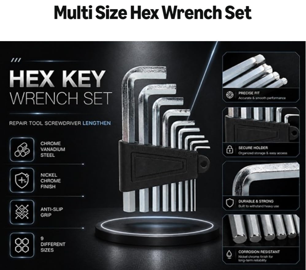 Image of Hex Key Wrench Set, 9-Piece Allen Wrench Set 1.5mm-10mm, Chrome Vanadium Steel L-Shaped Hex Keys for Bike, Furniture, Car & Home Repair