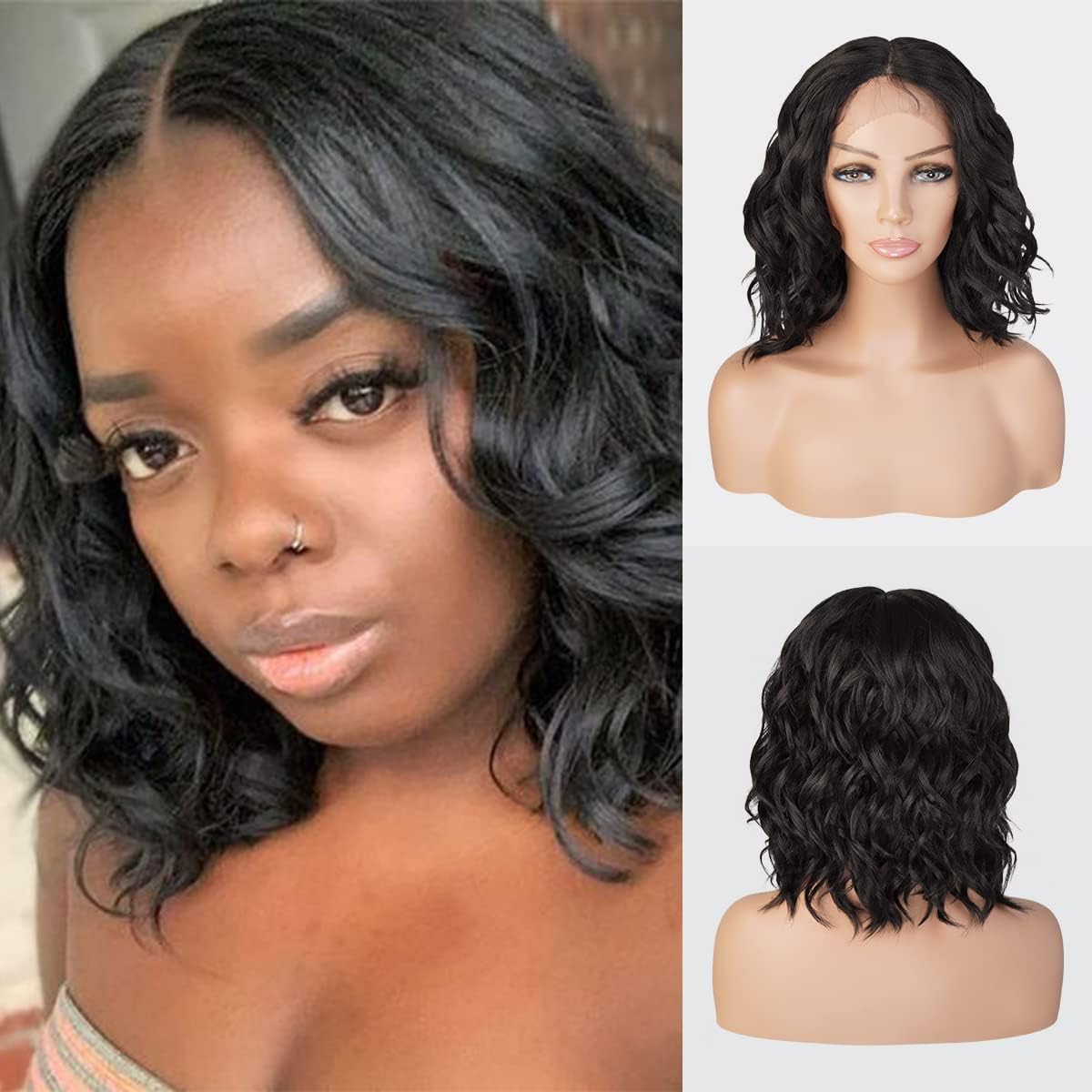 STUDIOCUT BY PROS Loose Deep Wave Bob Wigs 12 Inch Middle Center Part Swiss Lace Front Bob Wig for Black women Wavy Curly Wig Heat Resistant Synthetic Wigs DPL008 (12 Inch (Pack of 1), 2 (Dark Brown))